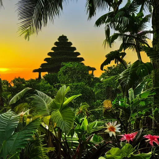 Prompt: a jungle temple surrounded by tropical flowers, with a sunset, by alex horley, bokeh photography