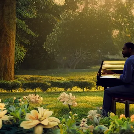 Image similar to Frank Ocean playing the piano in the middle of a garden by Wes Anderson, vintage camera, dreamy, atmospheric, golden hour, cinematic lighting, 8K concept art, melancholy