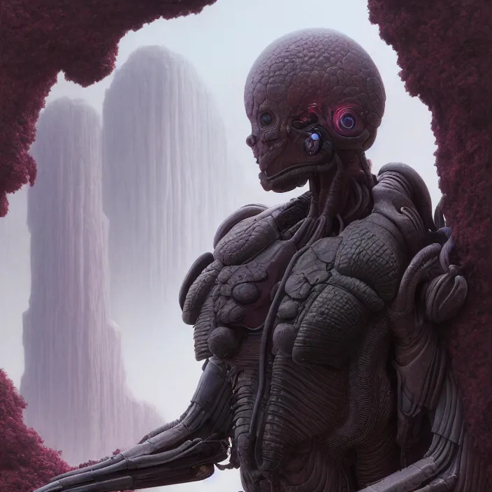 Prompt: a portrait of a character in a scenic environment by wayne barlowe, close up shot, dreamy hazy, biological armor, highly detailed, 3 d render, vray, octane, realistic lighting