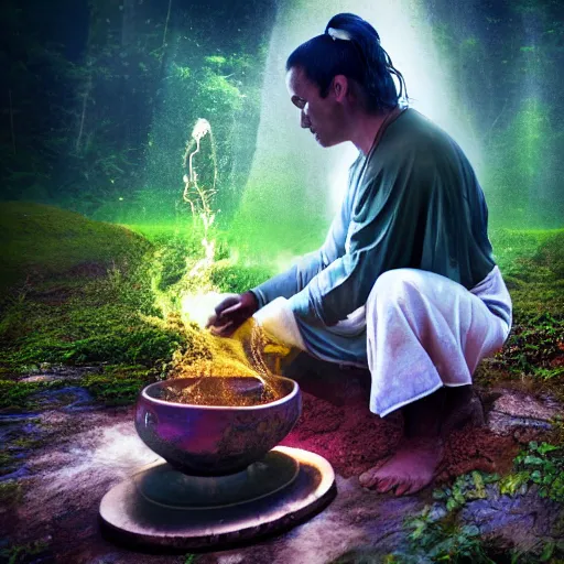 Image similar to a shaman preparing a magic decoction in a dreamy atmosphere, 4 k, 3 d, photo