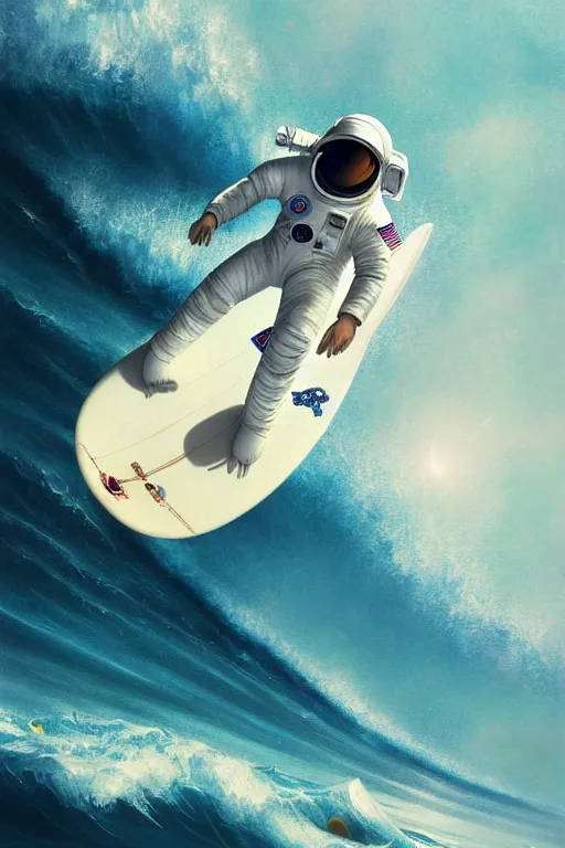 Image similar to a beautiful digital painting of an astronaut in a white space suit surfing the great wave on a surfboard by greg rutkowski, photorealistic, trending on artstation, highly detailed, intricate, unreal engine, octane render