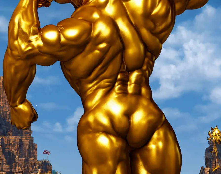 Image similar to golden statue of mario with muscle body like a giga chad, beautiful texture, beautiful graphics, fantasy artwork, very beautiful scenery, hd, hdr, ue 5, ue 6, unreal engine 5, cinematic 4 k wallpaper, 8 k, ultra detailed