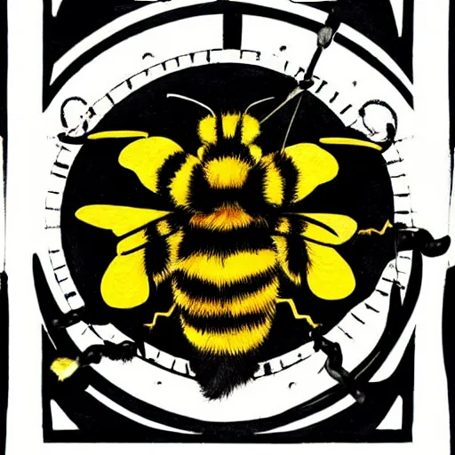 Image similar to a fierce dead bumblebee in the middle of a bloody bullseye at the center of the crosshairs of a gun, art nouveau, fantasy illustration, tarot