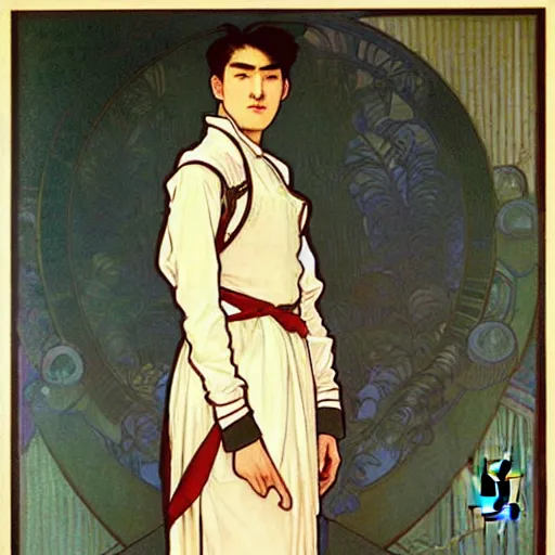 Image similar to full body painting of grumpy handsome thin beautiful young man in his 2 0 s named min - jun in a modest french female maid outfit and crossing his arms, modern clothing, elegant, clear, painting, stylized, sharp facial features, pouty, highly detailed, art, art by alphonse mucha