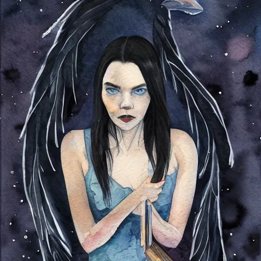 Image similar to full body detailed watercolor illustration of alien anya taylor - joy mixed with jennifer connelly, unsettling, hooded long black feathered cloak, uncanny valley, with black feathers instead of hair, gothic, reading a book, guillermo del toro, gray mottled skin, pale and sickly, profile view, - - ar 9 : 1 6