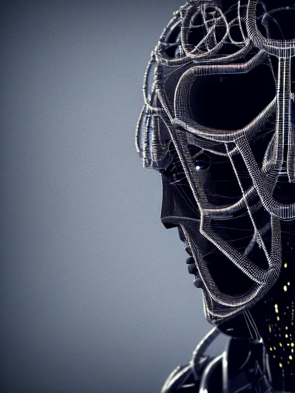 Image similar to cyborg head covered in bard wire, 3 d, in the style of blade runner, octane render, 8 k, rim lighting