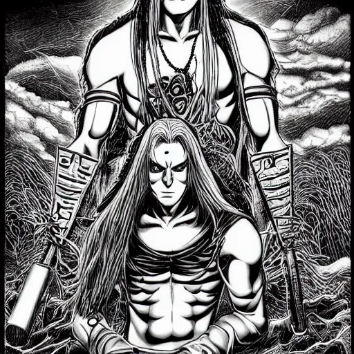 Image similar to Metalocalypse by Kentaro Miura, highly detailed, black and white