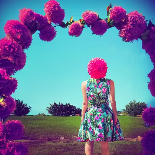 Prompt: giant flower head, full body, girl standing in front of house, surreal, symmetry, mid century, bright colours, blue sky, realistic, wes anderson