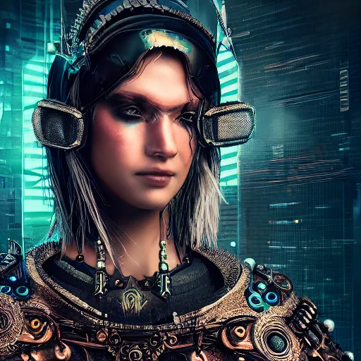 Image similar to beautiful cyberpunk warrior queen with ornate cloak, highly detailed, 4k, HDR, smooth, sharp focus, hyper realistic, high resolution, award-winning photo