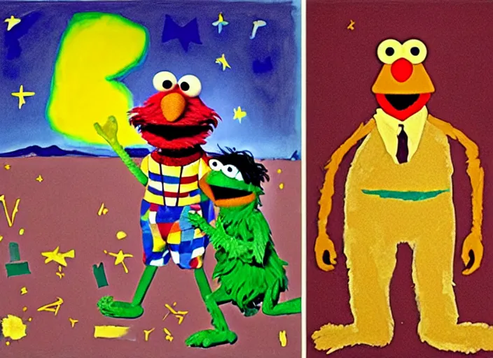 Image similar to expressionistic decollage painting trash can toter as tarot card fool with sesame street elmo and kermit muppet on a horse knight in a dark red cloudy night sky background and golden foil jewish stars , mountain lake and blossoming field in background, painted by Mark Rothko, Helen Frankenthaler, Danny Fox and Hilma af Klint, microsoft paint art, semiabstract, color field painting, byzantine art, jpeg compression artifact, pop art look, naive, buff painting, fractal art. Barnett Newman painting, part by Philip Guston and Frank Stella art by Adrian Ghenie, 8k, extreme detail, intricate detail, masterpiece