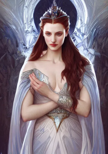 Image similar to sansa angeline jolie gessica chastain ice queen, intricate, elegant, highly detailed, digital painting, artstation, concept art, smooth, sharp focus, illustration, art by artgerm and greg rutkowski and alphonse mucha and william - adolphe bouguereau