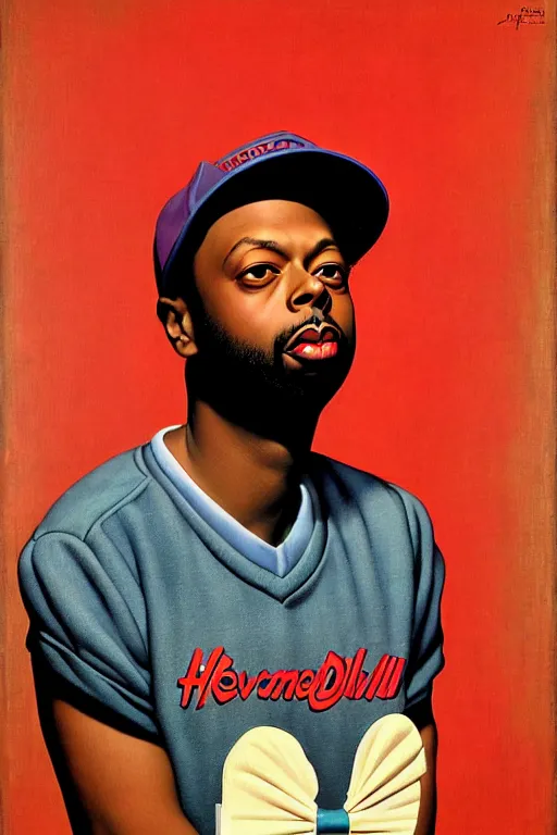 Prompt: j dilla portrait by gil elvgren and norman rockwell and rob gonsalves and hajime sorayama, hyperrealistic, high detail, ultra detailed, highly detailed face, ruffled fabric