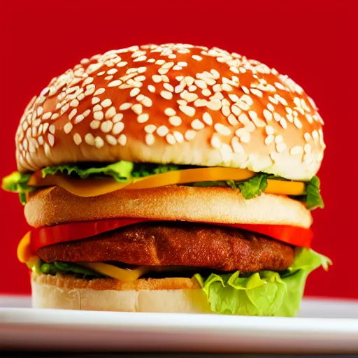 Prompt: a big mac on a red plate, food photography, warm lighting, bokeh