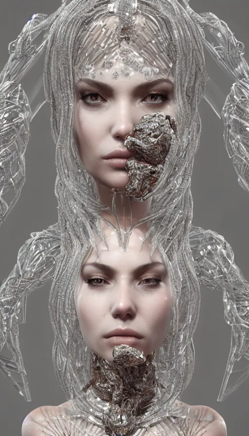 Image similar to full body detailed, ethereal, biomechanical, covered in diamonds and other gems glowing, highly detailed face, elegant posed, intricate, extremy detailed, beeple, cgsociety, 3 d unreal engine octane render. cinematic lighting, highly detailed 4 k art