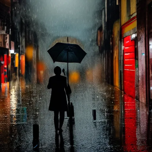 Image similar to a vivid emotional picture of two shadowy figures under one umbrella at night in an ally, it is raining heavily, street lanterns are shining, they are reflected on the rainy street, 35mm, motion blur