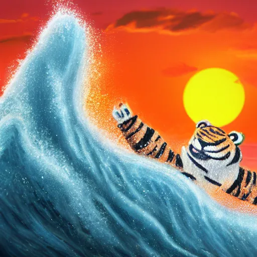 Image similar to a closeup photorealistic photograph of a smiling cute knitted tiger hippopotamus riding a large wave during sunset. surf in the background. professional capture. brightly lit scene. this 4 k hd image is trending on artstation, featured on behance, well - rendered, extra crisp, features intricate detail, epic composition and the style of unreal engine.