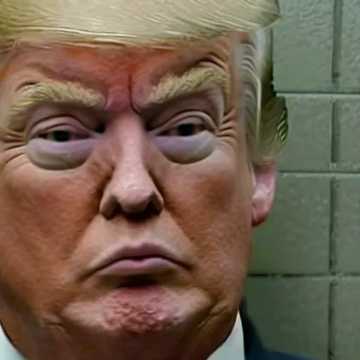 Prompt: donald trump in jail, behind bars crying tears and snot. candid photograph.