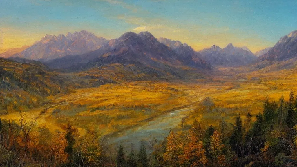 Prompt: The most beautiful panoramic landscape, oil painting, where the mountains are towering over the valley below their peaks shrouded in mist, the sun is just peeking over the horizon producing an awesome flare and the sky is ablaze with warm colors, lots of birds and stratus clouds. The river is winding its way through the valley and the trees are starting to turn yellow and red, by Greg Rutkowski, aerial view