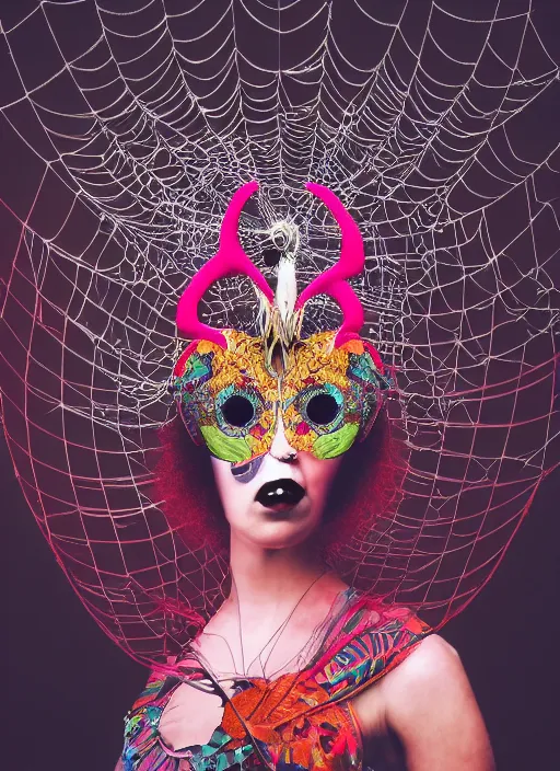 Prompt: woman with headdress, alexander mcqueen, flamingo baroque style, panfuturism, clockwork, floral, spider web, epic, hybrid, extravagant, retro futuristic, bold natural colors, masterpiece, trending on artstation, photography