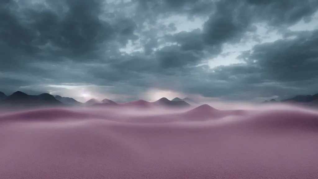 Image similar to a war between difference samurai fractions ongoing on soft glow pink desert with snow mountains and cloudy skies, purple fog, long exposure, detailed, hyper realistic, photorealism, landscape, ultra wide angle view, peaceful, cinematic, volumetric lighting, god ray through clouds