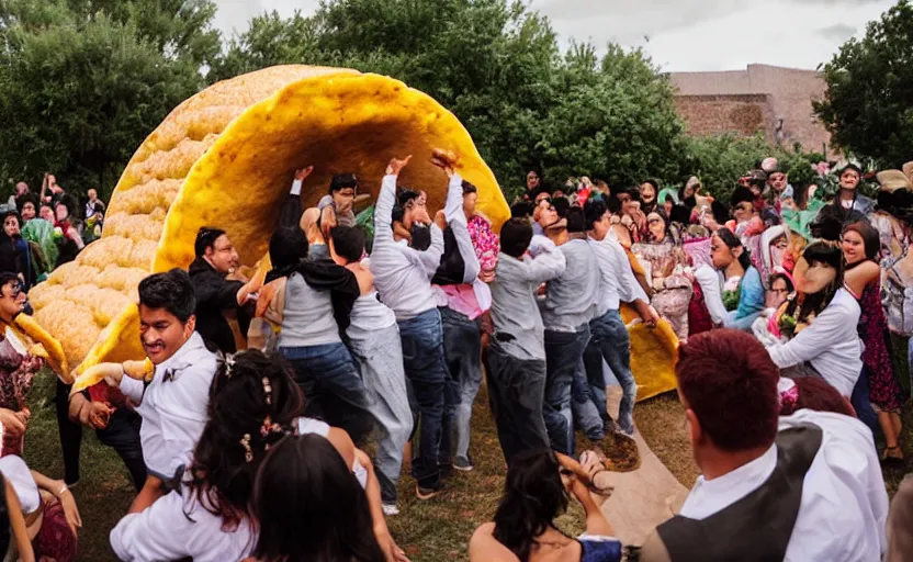 Image similar to a crowd of mexicans dancing around a giant Taco in a wedding,