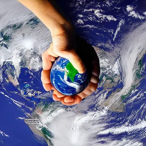 Prompt: a photograph of a massive hand holding the earth from space