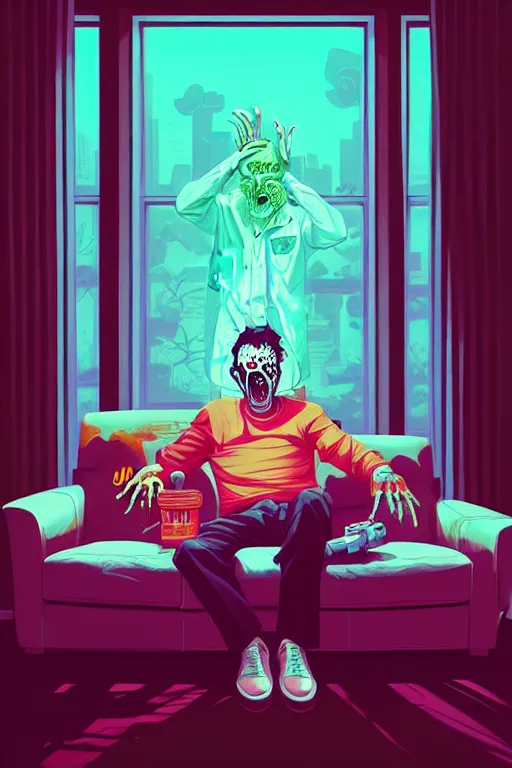 Image similar to a zombie dad sitting on the couch and watching tv, tristan eaton, victo ngai, artgerm, rhads, ross draws