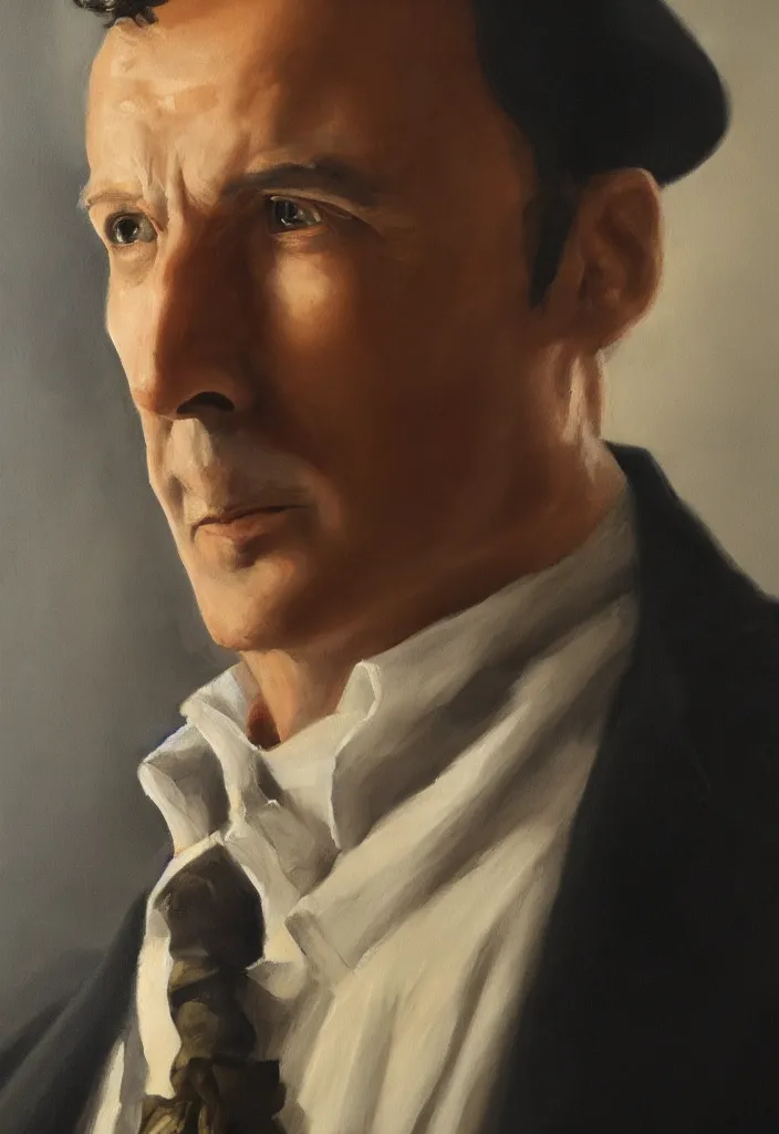 Prompt: high quality oil painting portrait of Sherlock Holmes, volumetric and perfect lighting, 4k, 8k, HD