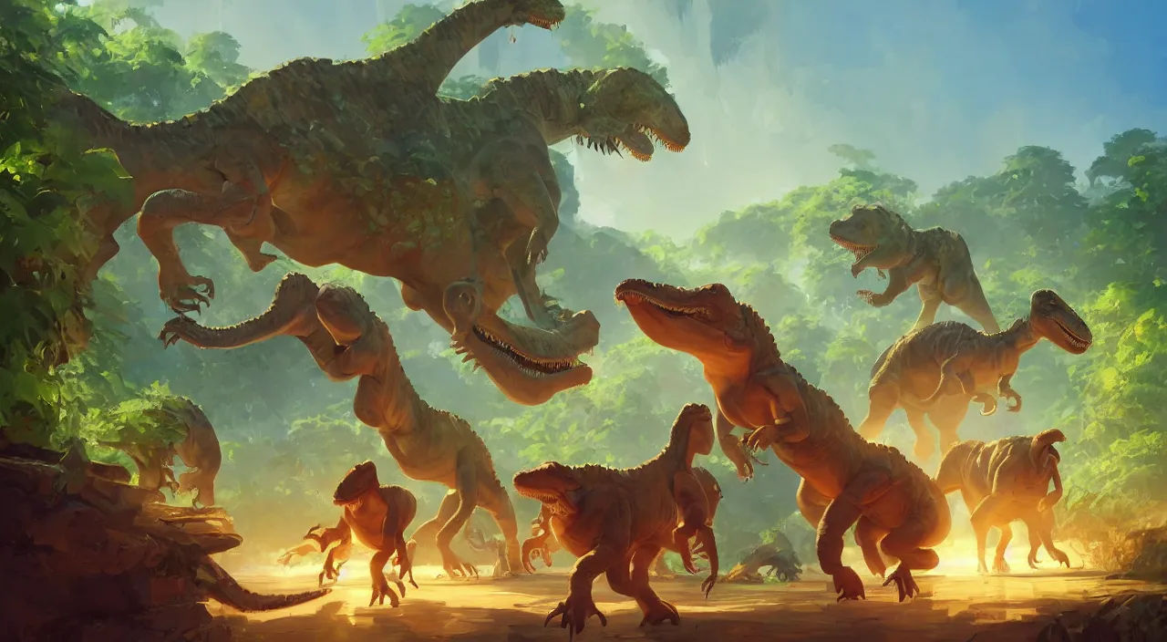 Image similar to dinosaurs, amazon jungle heartstone global illumination ray tracing hdr official fanart behance hd artstation by jesper ejsing, by rhads, makoto shinkai and lois van baarle, ilya kuvshinov, rossdraws