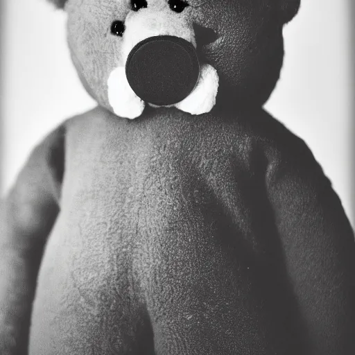 Image similar to Portrait studio photograph of Kanye West as a anthropomorphic teddy bear, close up, shallow depth of field, in the style of Felice Beato, Noir film still, 40mm