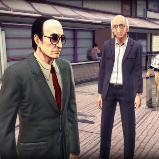 Image similar to A Yakuza 0 substory involving Larry David and Kiryu Kazuma, gameplay screenshot, 3rd person