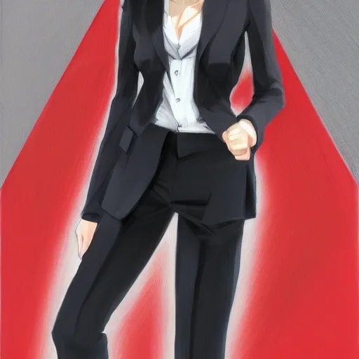 Prompt: a woman in a red business suit, she is holding a black briefcase, she is looking at us, anime art, digital painting, smooth, hd, realist