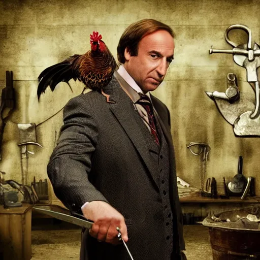 Image similar to saul goodman and a rooster in a medieval torture chamber, saw blades and knives in the background, horror movie, saul goodman!!, rooster!!!!!!, real life photo, detailed face