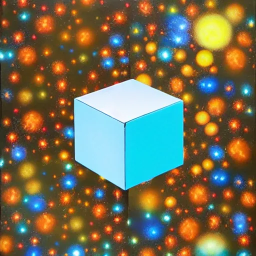 Prompt: transluscent cube madenof outer space and universes