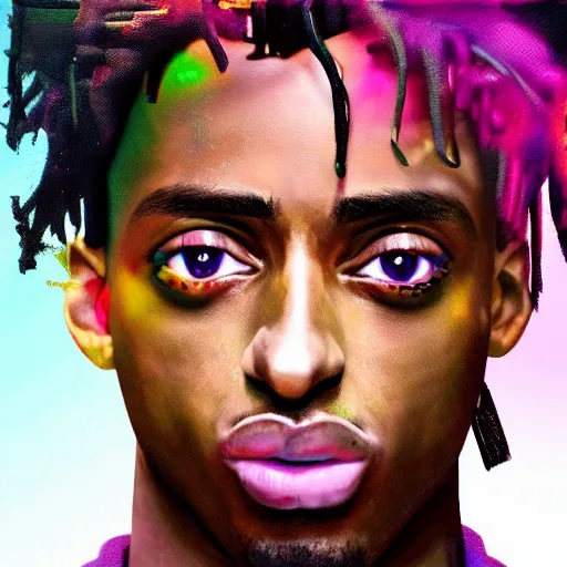 Image similar to playboi carti, photorealistic, hyper realistic, very detailed, detailed face, full body shot, 8 k, hd, neon colors, over saturated colors, wok, cluttered background with hype things, rainbows,