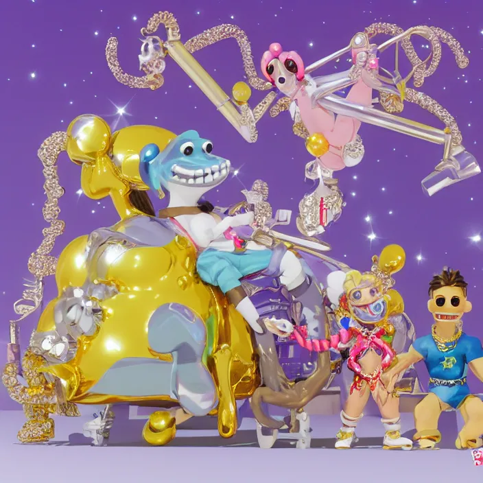 Image similar to jeff koons hip hop bauhaus style street sharks sailor moon wearing diamond grillz and a ton of bussdown iced gold bling in wallace & gromit strata - cut claymation, ultra realistic, concept art, intricate details, serious, highly detailed, photorealistic, octane render, 8 k, unreal engine, art by todd mcfarlane