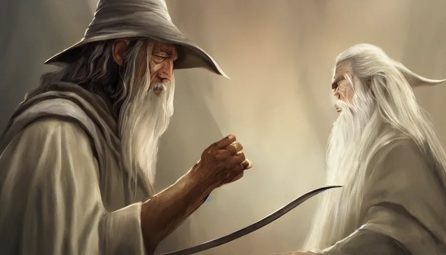 Image similar to concept art of gandalf giving frodo the one ring jama jurabaev, brush hard, artstation, high quality, brush stroke, soft lighting