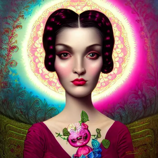 Prompt: a portrait of a stunning woman by mark ryden and lisa frank insane quality, elegant, highly detailed, digital painting, artstation, concept art, pop, smooth, sharp focus, illustration and 3 d, pop, realism, qualia art nouveau 8 k ultra detailed