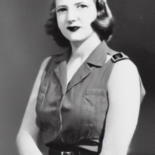 Prompt: 1 9 3 0 s photograph of a female special operations officer, 1 9 4 0 s, beautiful grainy, slightly blurry, self - assured expression, shoulder length hair, full body shot, realistic