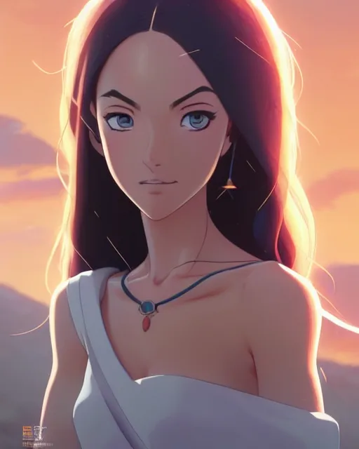 Image similar to azctec princess, megan fox, gemstone forehead, detailed perfect face, exquisite details, fire magic, mid view, design on a white background, by studio muti, greg rutkowski makoto shinkai takashi takeuchi studio ghibli