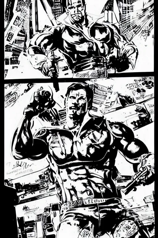 Prompt: arnold schwarzenegger, a page from cyberpunk 2 0 2 0, style of paolo parente, style of mike jackson, adam smasher, johnny silverhand, 1 9 9 0 s comic book style, ink drawing, black and white