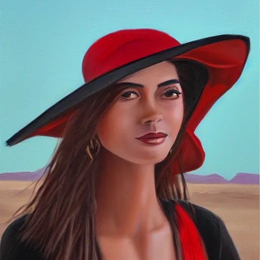 Image similar to oil painting of a tall woman with a black sunhat in the desert, black and red jacket, beautiful face, pretty face, very detailed eyes, very detailed face, feminine face, full body