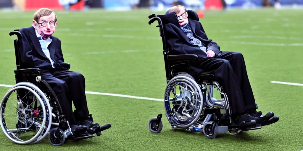 Image similar to stephen hawking is playing football, moving his wheelchair fast