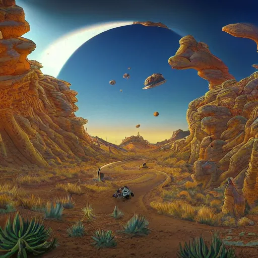 Image similar to porcelain fort, alien desert, multiple suns, lush desert flora, some riders off in the distance, wide angle, late afternoon, 4 k, illustrated by moebius, highly highly highly detailed, saturated