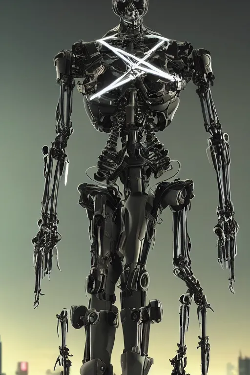 Prompt: skeletal black mecha (carbon fiber) cyberpunk 2077 long limbs black panels reflective. Skeletal face android face one eye ((glowing_red_eye)) exposed wiring cable wire harness RTX On UE5 Artstation Bladerunner 2049 scene