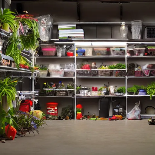 Image similar to garage with carnivorous plants on the shelves and packing peanuts on the floor, scene from tv show hyper detailed 5 5 mm 8 5 mm, low - light photography by tyler williams, made out of plastic