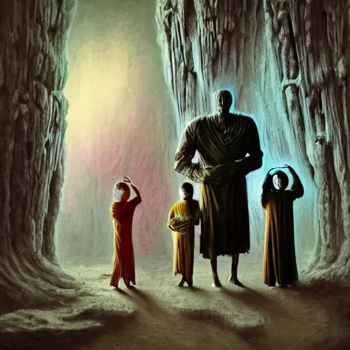 Image similar to painting of a creepy family wearing long robes, intercrossed humans, mixed animal, in a crystal cave, by giger, zdzislaw beksinski, thierry bosch, cold hue's, amazing colorful background, digital art, concept art, animal painting, beautiful composition 3 - d 4 k,