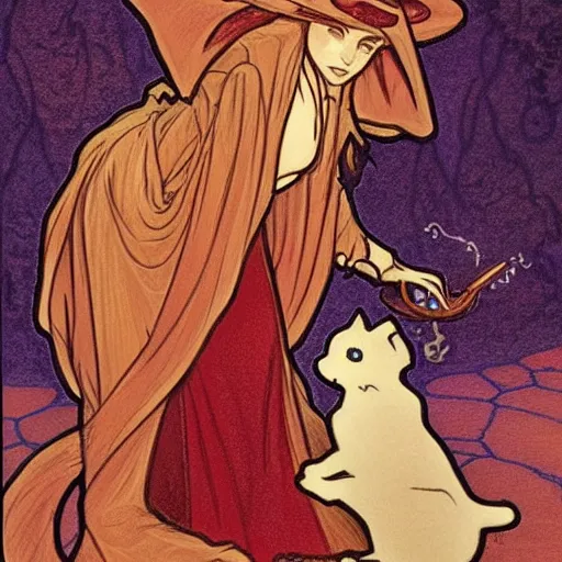 Image similar to female mage is casting a magic spell, with a small cat by her side, d & d, fantasy, magic, mucha style,