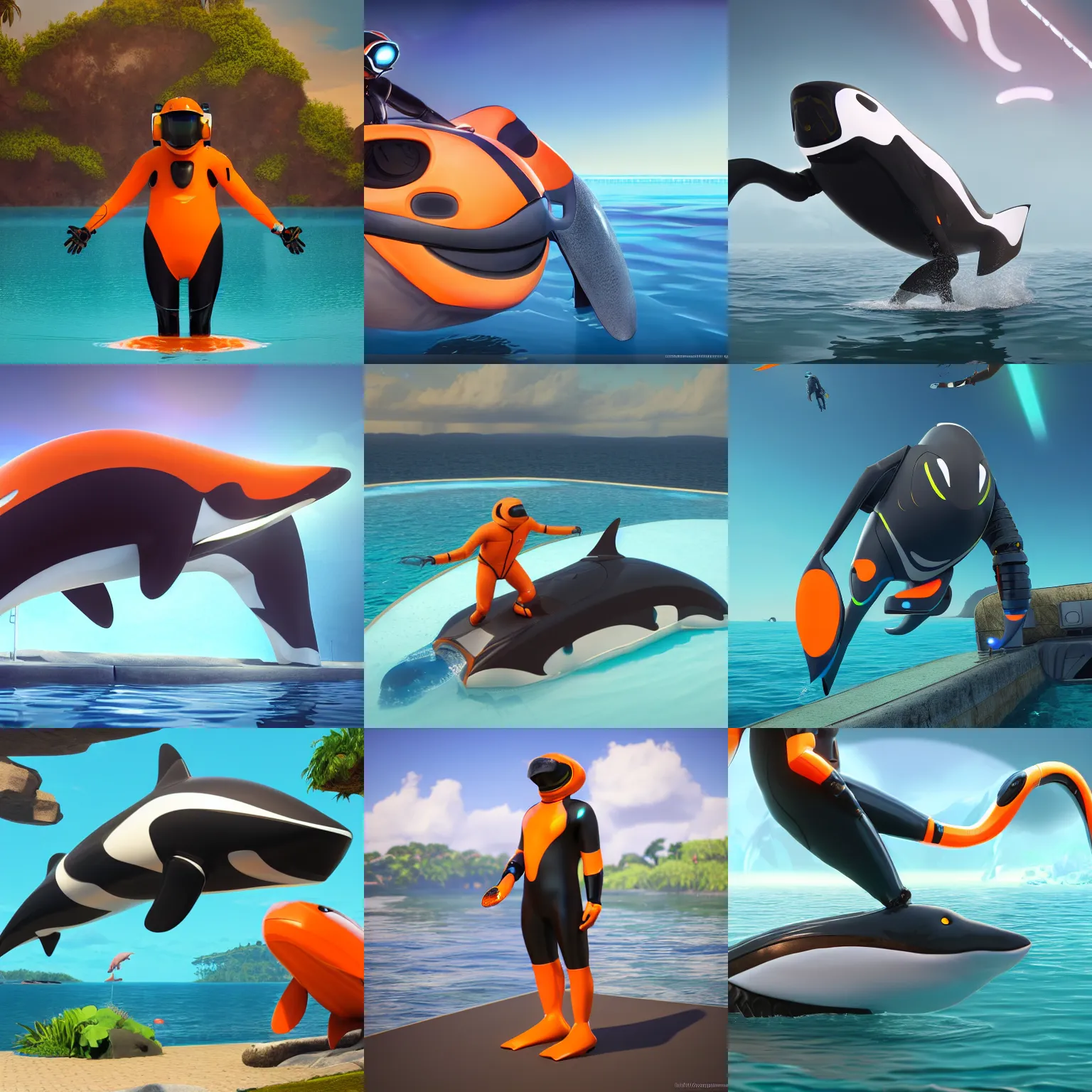 Prompt: male robotic anthro orca, visor screen for face, snout under visor, wearing an orange wetsuit, big tail, commission on furaffinity, cgsociety, octane render, subnautica