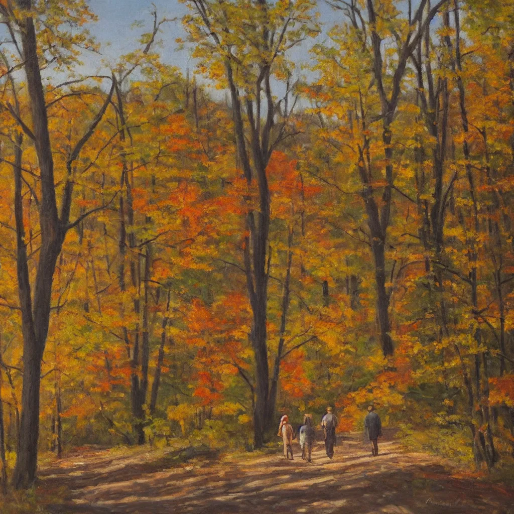 Prompt: 1 9 4 0 s american realist oil painting of walking together in the late afternoon light of gatineau park in october